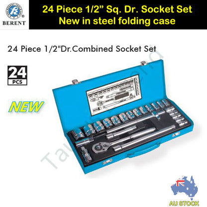 24PC German Standard 1/2" Drive Socket Set 72T Ratchet Handle Steel Toolbox