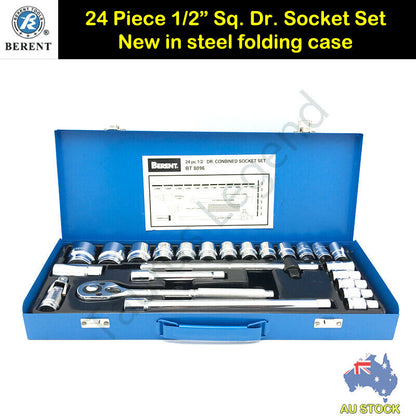 24PC German Standard 1/2" Drive Socket Set 72T Ratchet Handle Steel Toolbox