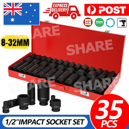 35Pcs Drive Deep Impact Sockets 8-32MM Metric 1/2" Garage Workshop Tools Set Kit