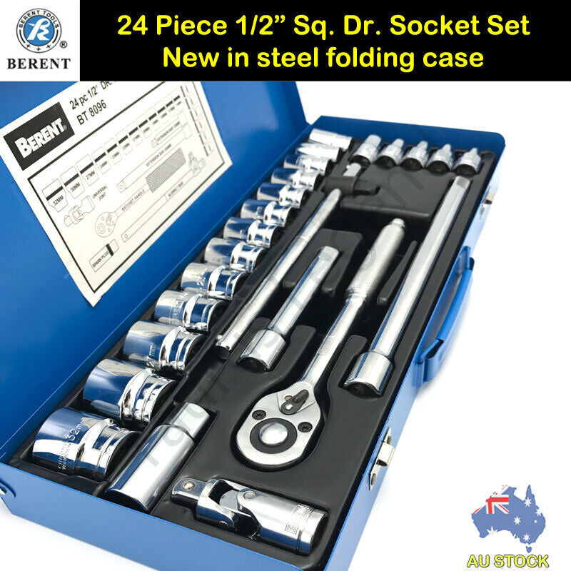 24PC German Standard 1/2" Drive Socket Set 72T Ratchet Handle Steel Toolbox