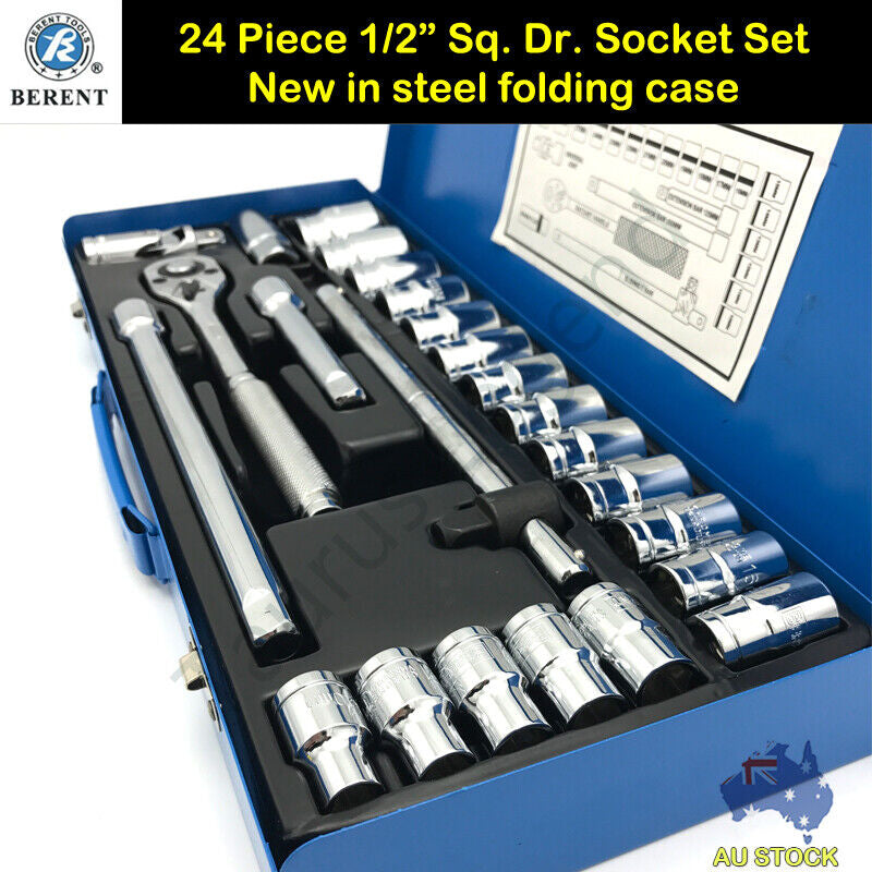 24PC German Standard 1/2" Drive Socket Set 72T Ratchet Handle Steel Toolbox