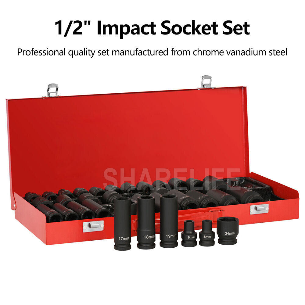 35Pcs Drive Deep Impact Sockets 8-32MM Metric 1/2" Garage Workshop Tools Set Kit