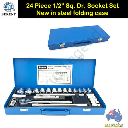 24PC German Standard 1/2" Drive Socket Set 72T Ratchet Handle Steel Toolbox