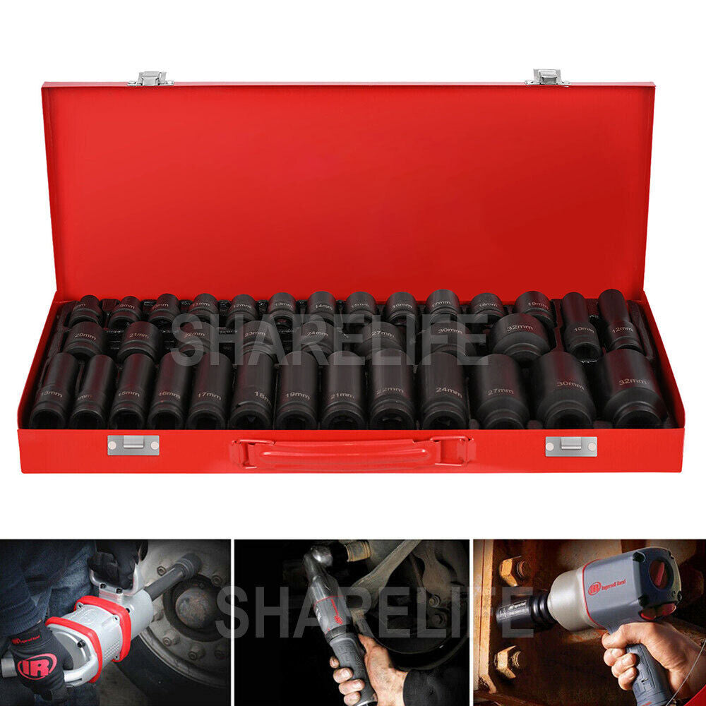 35Pcs Drive Deep Impact Sockets 8-32MM Metric 1/2" Garage Workshop Tools Set Kit